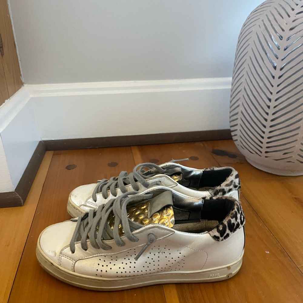White and Gray Sneakers with Leopard Print Detail